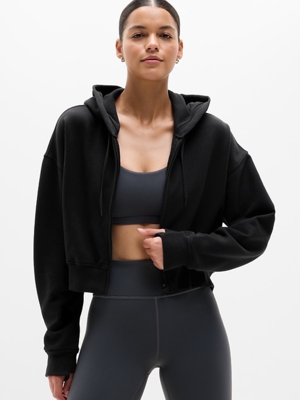 Athleta forever fleece Black full zip crop hoodie sweatshirt XL extra large